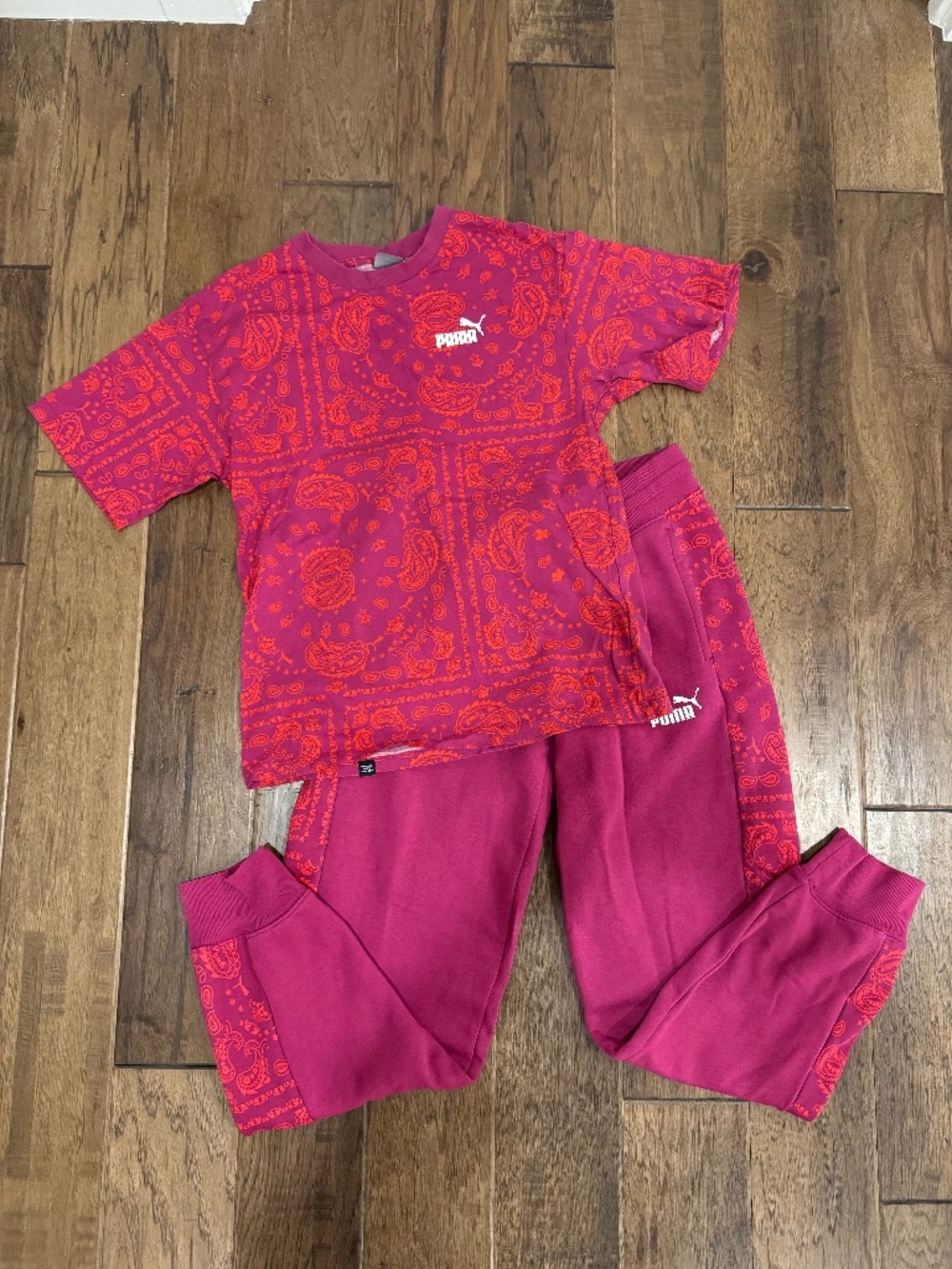 Puma Pink Essentials Paisley Matching T-Shirt & Jogger Sweatpants Set XS/S